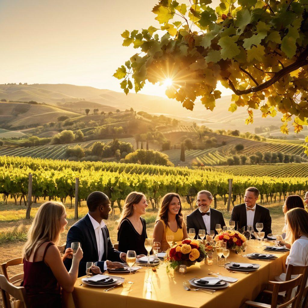 A lavish wine tasting event set in an elegant vineyard, showcasing a long table adorned with various fine wines and tasting glasses. In the background, groups of diverse people laughing and sharing stories, with beautiful rolling hills and grapevines extending into the horizon. Golden sunlight filters through the leaves, creating a warm and inviting atmosphere, symbolizing the connection between philanthropy and enjoyment. super-realistic. vibrant colors. warm tones.